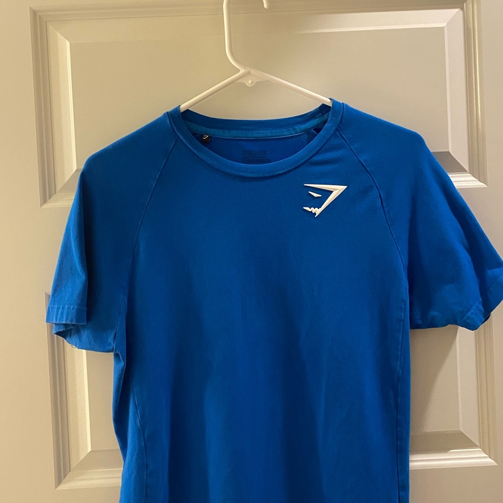 Blue gymshark T-shirt.
